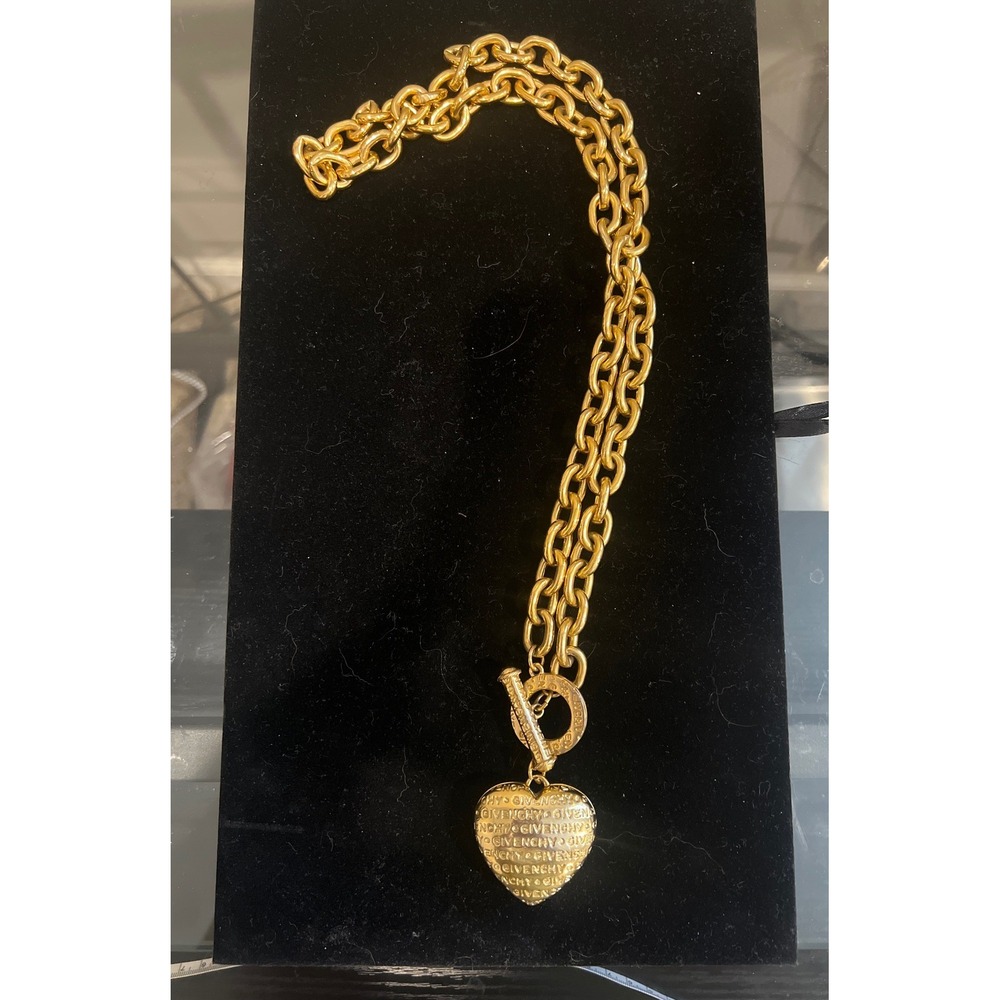 Vtg Runway Givenchy Gold Chunky Link Necklace Puffed Logo Heart Toggle Clasp 27"